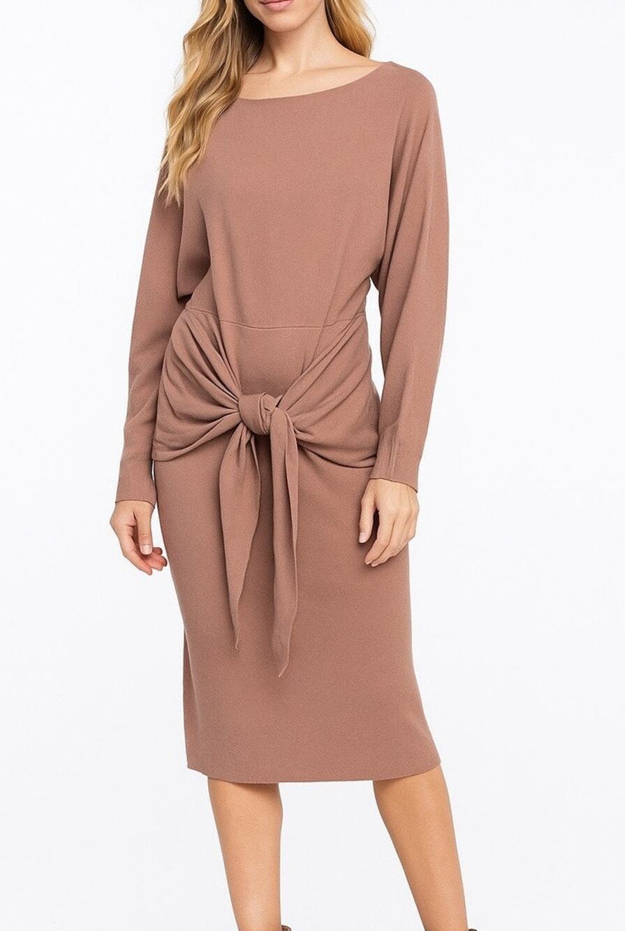 Mable Bristol Waist Tied Sweater Dress S Camel Tan Long Sleeve Knit Midi